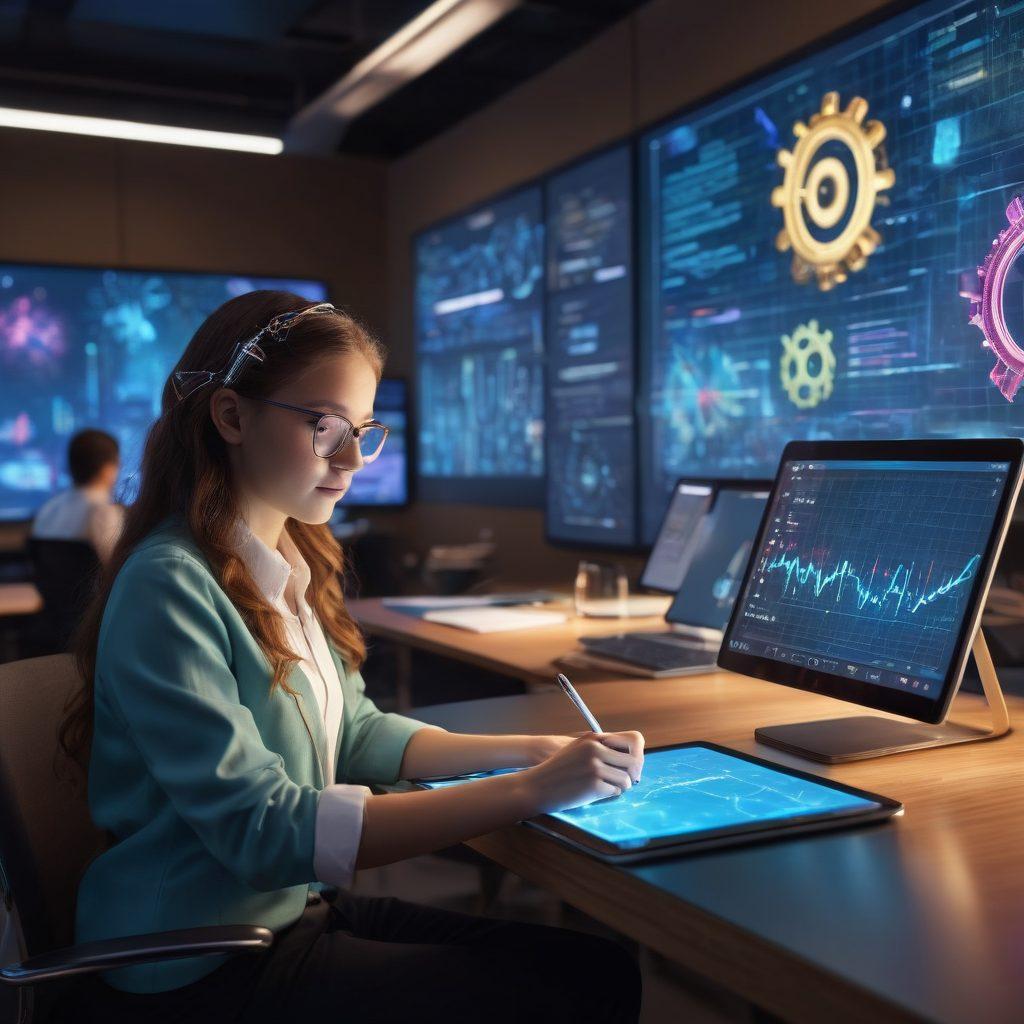 A futuristic student immersed in a high-tech digital classroom, using an advanced tablet to take notes. Surrounding them are holographic displays of graphs, charts, and digital books, symbolizing the blend of technology and education. The atmosphere is vibrant and filled with inspiring elements like lightbulbs and gears, representing innovation and creativity. The background features a sleek, modern classroom with a soft glow from digital devices. super-realistic. vibrant colors. 3D.