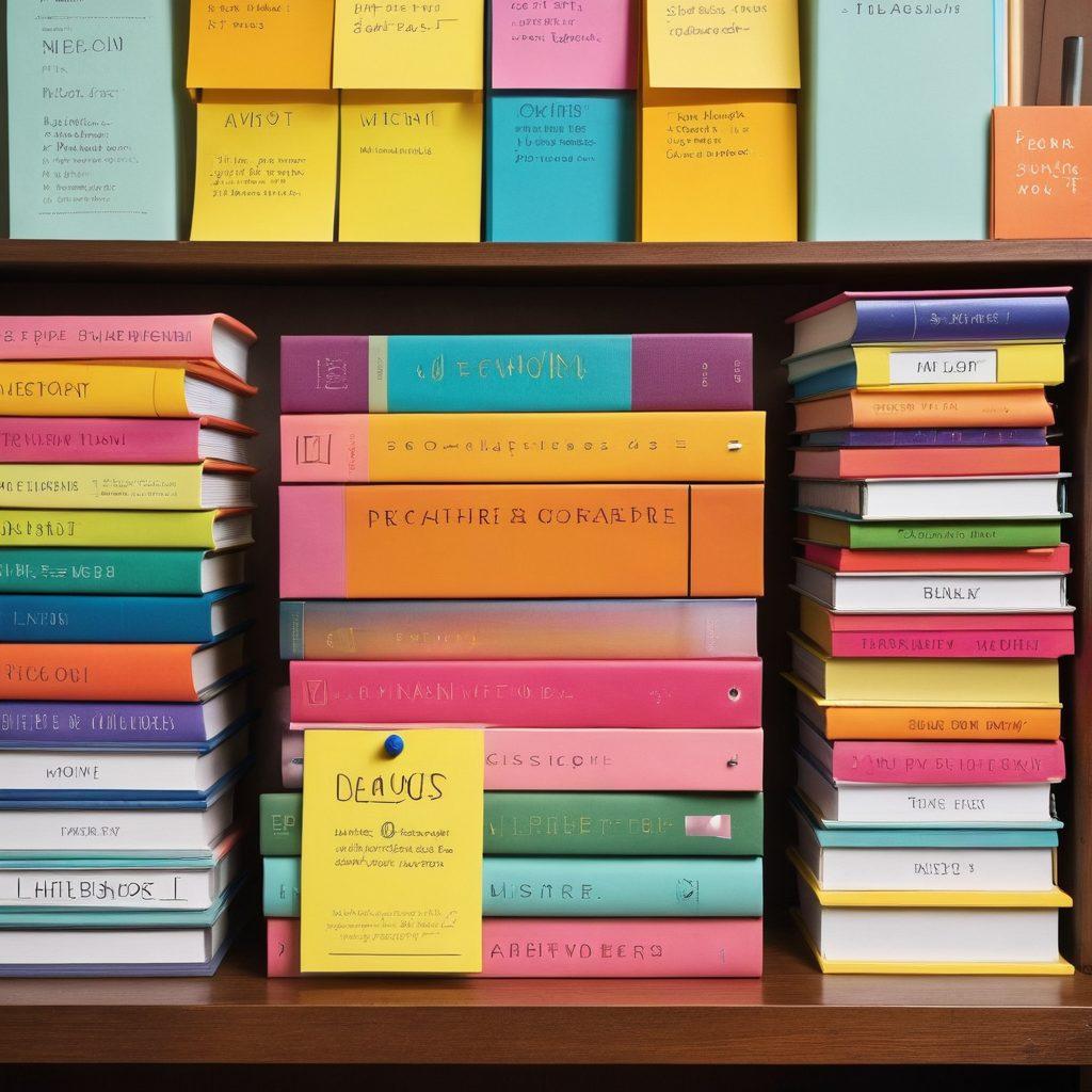 An organized workspace featuring colorful binders labeled with different subjects, surrounded by stacks of neatly arranged books, a clock showing optimal time management, and sticky notes with motivational phrases. The scene should convey a sense of productivity and creativity, with a bright and inviting atmosphere. super-realistic. vibrant colors. soft focus.