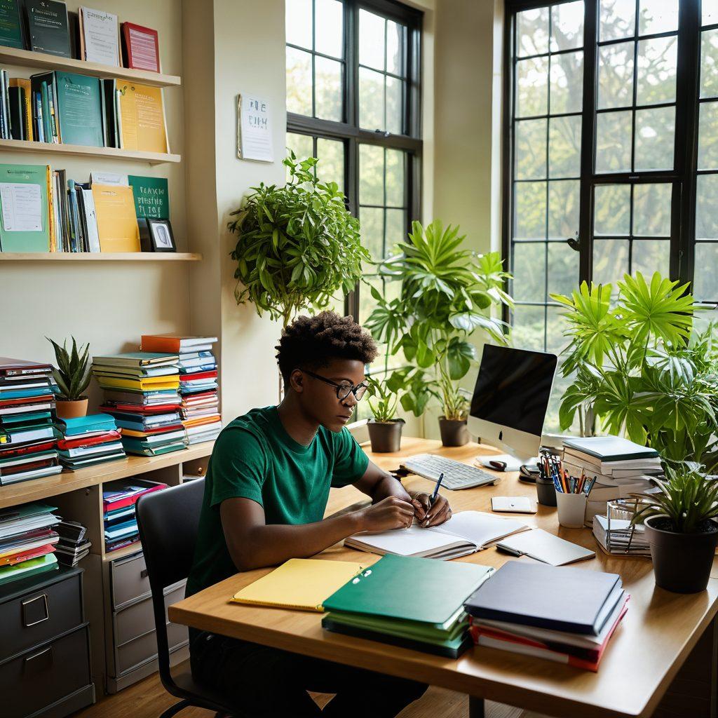 A student surrounded by a vibrant array of color-coded intelligent binders, each labeled with different subjects, showcasing neatly organized notes and digital devices. The background features a bright study environment filled with plants and motivational quotes on the walls. A warm light filters through a window, reflecting a sense of academic success and productivity. super-realistic. vibrant colors. inviting atmosphere.